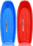 1 blue and 1 red toboggan style sleds