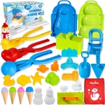 snowball maker set includes snowman, duck, heart and soccer ball shaped snowball makers, snow molds in penguin, snowman, ice cream cone, ocean shapes, castle shapes and brick shapes. Shovels, spades, diggers and spatulas.