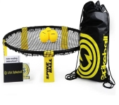 a black mesh round net standing on 4 yellow legs; there are 3 yellow balls on top of the net with a black and yellow cinch bag  and rule book sitting next to it