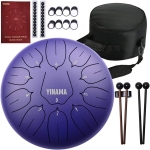 Purple steel tongue drum with accessories that include a maroon music book with instructions, 2 sheets of notes stickers, 8 picks, a black drum bag and 2 sets of mallets