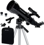 a black telescope on a tripod; a black carrying bag is shown with 2 eyepieces and an erect image diagonal piece