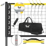 black volleyball net; white, gray and yellow volleyball; 4 ground stakes; air pump for volleyball; black carrying bag; yellow boundry lines