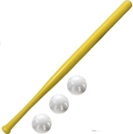 1 yellow wiffle ball bat and 3 white wiffle balls