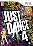 Cover of Wii Just Dance 4 video game. The background of the cover has zebra print in pink, purple, yellow and orange; there are drawings of people in various dance poses