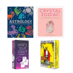 a blue book with zodiac symbols on the cover-the title is "Astrology"; a pink book with a crystal on the cover-the title is "Crystal Zodiac"; a purple box holding the game "What's Your Sign?" and a yellow box of tarot cards