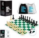 green and white chess board with light and dark chess pieces set up