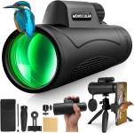 black monocular has a bright green lens with a small blue bird perched on the edge of the lens