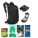 black backpack, binoculars and compass, books and pamphlets about Wisconsin