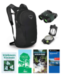 black backpack, binoculars and compass, books and pamphlets about Wisconsin