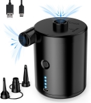 image of black air pump with 3 nozzle attachments and USB cords