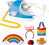 a blue knitting machine making a yellow cord; there are examples of projects in the picture: a rainbow, headband with "2026" on it, a ladybug, snail and rainbow bag