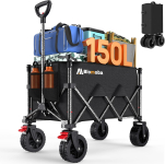 image of collapsible wagon filled with bags, suitcases and water bottles. "150L" is on the top of the wagon.