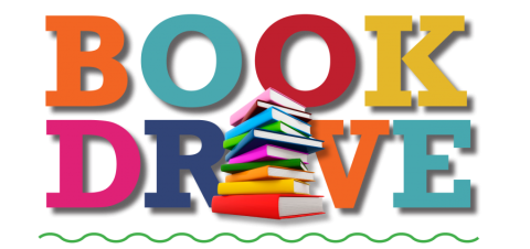 "Book Drive" in colorful letters, a stack of books replaces the letter i