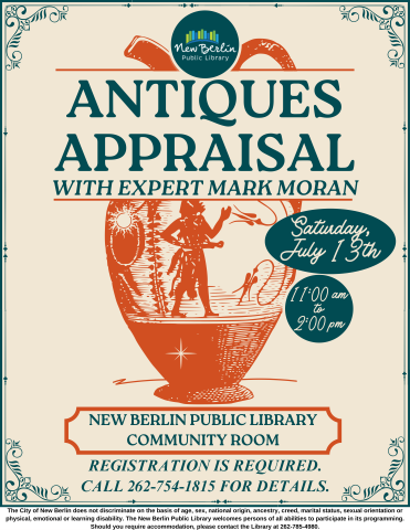 Flyer depicting an antique vase advertising the "Antiques Appraisal Event" with expert Mark Moran, using ancient imagery and motifs.