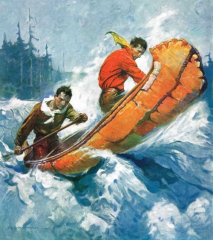 Canoe on white rapids with two paddlers