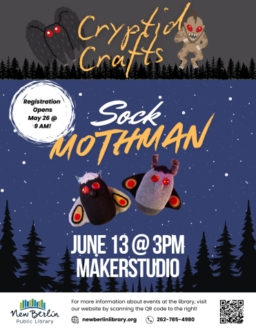 Cryptid Crafts: Sock Mothman June 13th @ 3PM in the MakerStudio