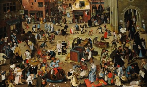 a town square image with people active in battle