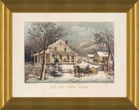 historic farm house and winter scene by Currier and Ives, golden frame