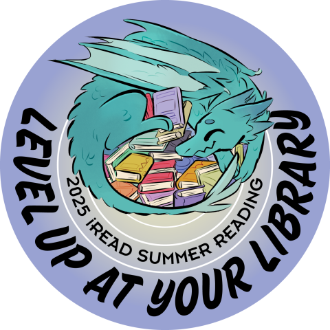 dragon sleeping around a pile of books with "Level Up At Your Library" written below