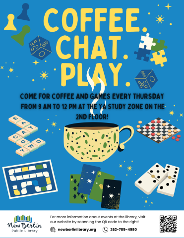 Coffee. Chat. Play. Come for coffee and games every Thursday from 9 to 12 PM on the 2nd Floor.
