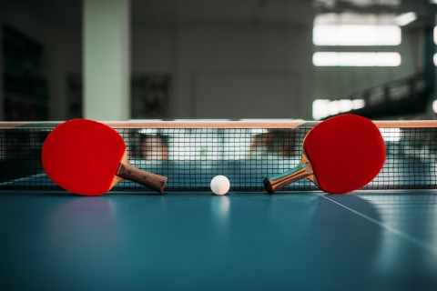 Two ping pong paddles on a table with a ball in the foreground and a net in the background