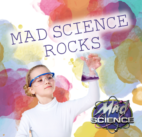 Flyer showing child dressed as a scientist holding a chemical - with a Mad Science logo. Flyer text says "Mad Science Rocks"