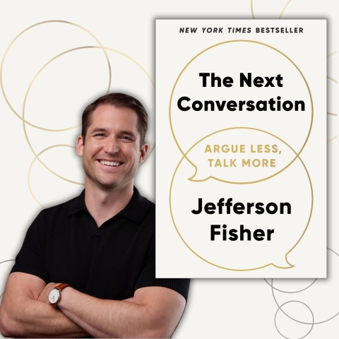 Author pictured next to cover of The Next Conversation