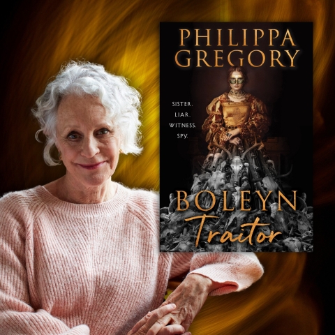 The author is depicted next to the cover of her book. 