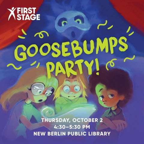 Graphic with three children reading a spooky story with the text "Goosebumps Party!"