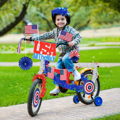 young boy on bike decorate with red white and blue streamers and flags