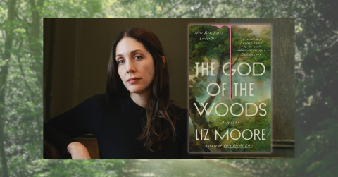 Author Liz Moore next to the cover of God of the Woods