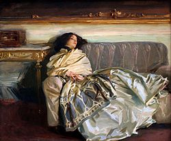 john singer sargent painting with vistorian woman louging wistfully on couch