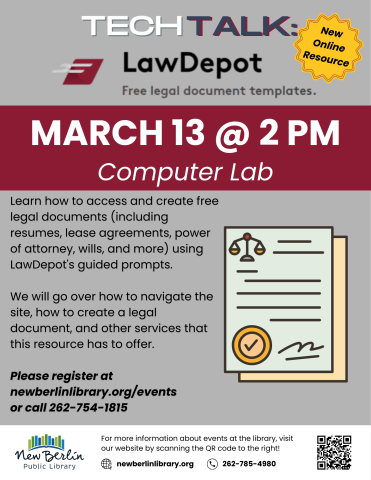 We will go over how to navigate the site, how to create a legal document, and other services that this resource has to offer. Please register at newberlinlibrary.org/events  or call 262-754-1815