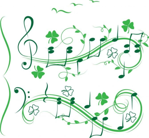 green musical notes graphic with shamrocks