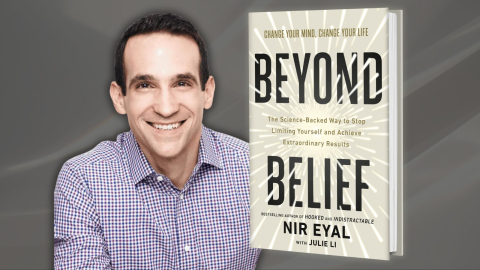 Author Nir Eyal next to his book Beyond Belief