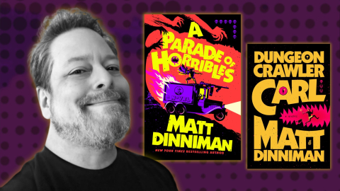 Author Matt Dinniman next to cover of his book