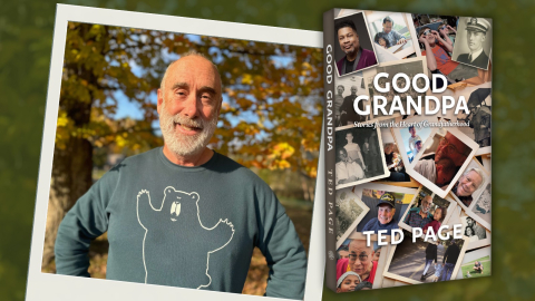 Author Ted Page next to a copy of his book
