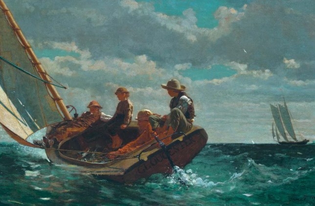 family on sail boat in choppy waters
