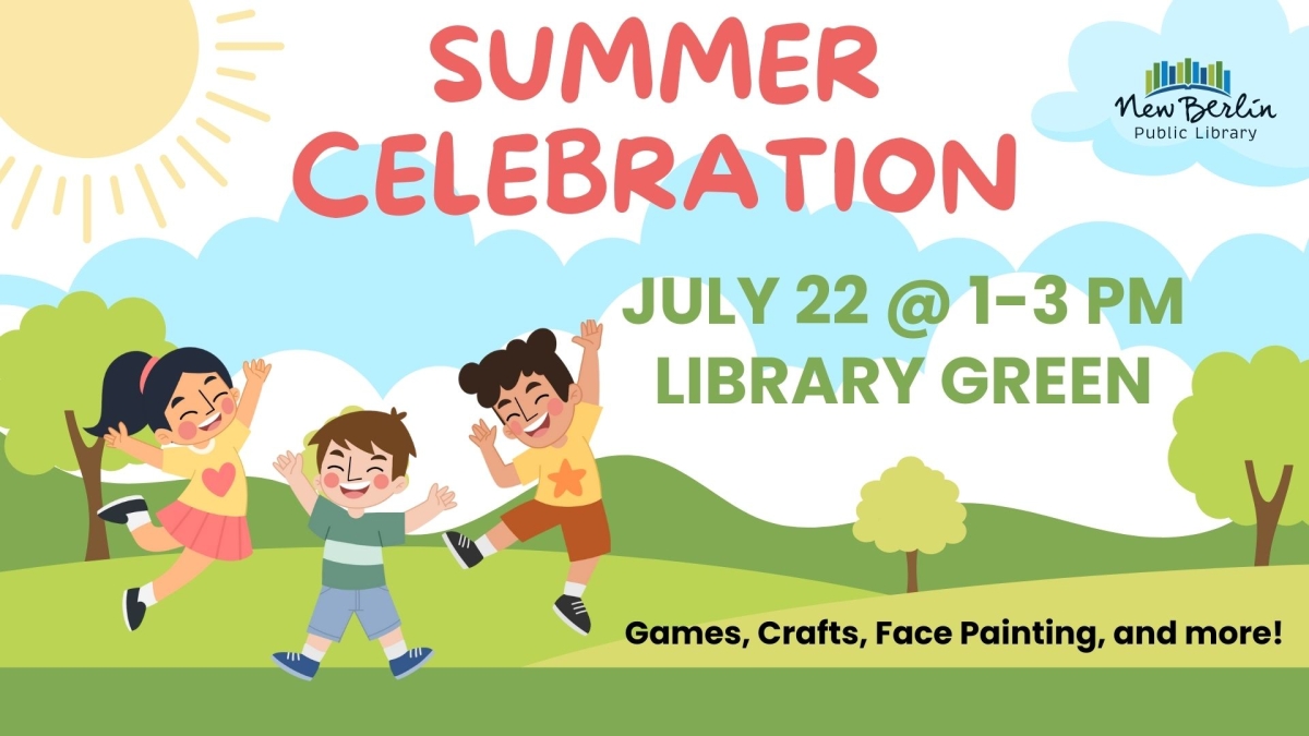 Summer Celebration July 22 text with kids jumping outside