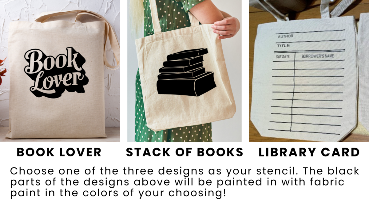 Choose one tote bag design: Book Lover, Stack of Books, or Library Card
