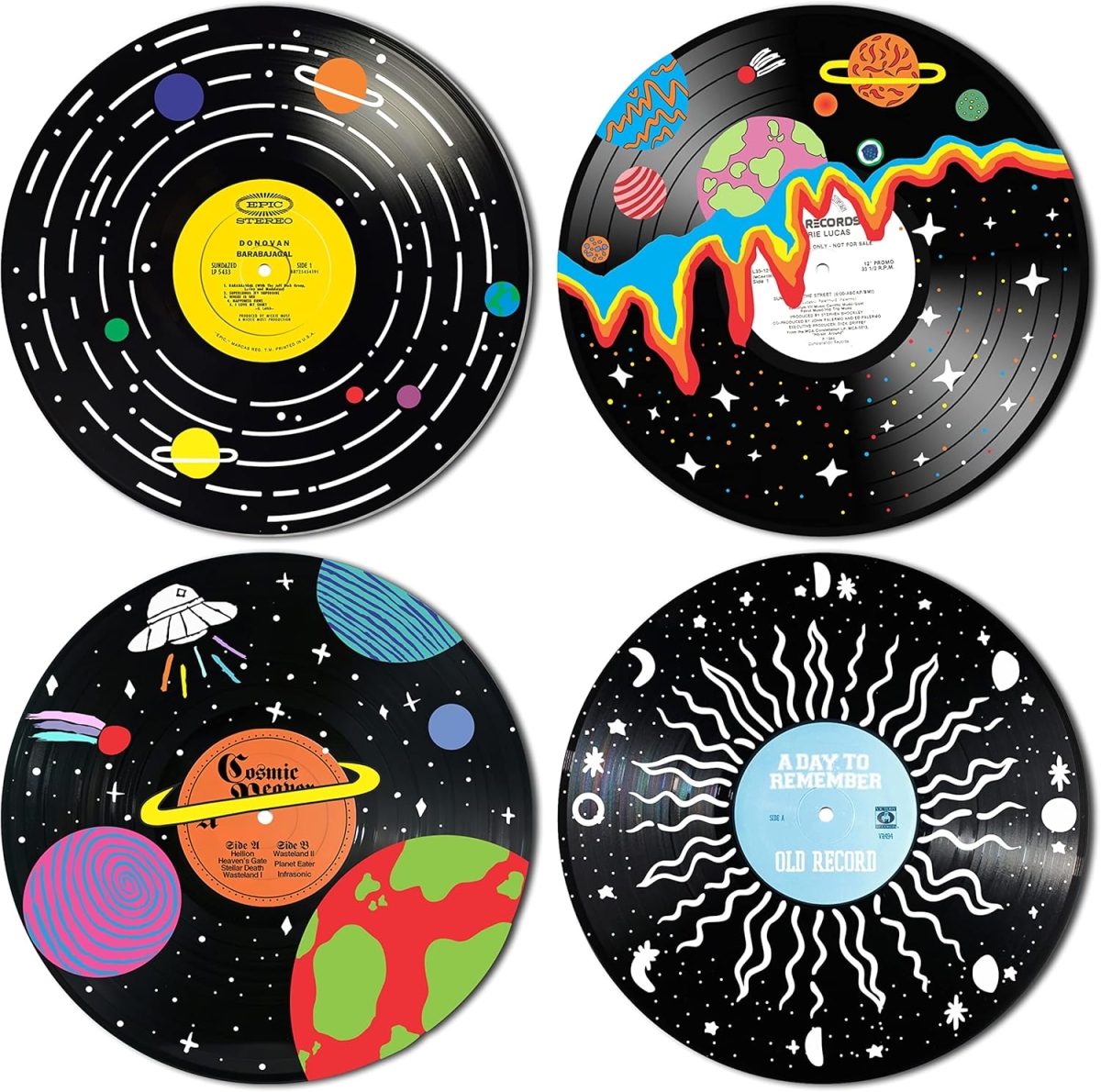 image of four painted vinyl records