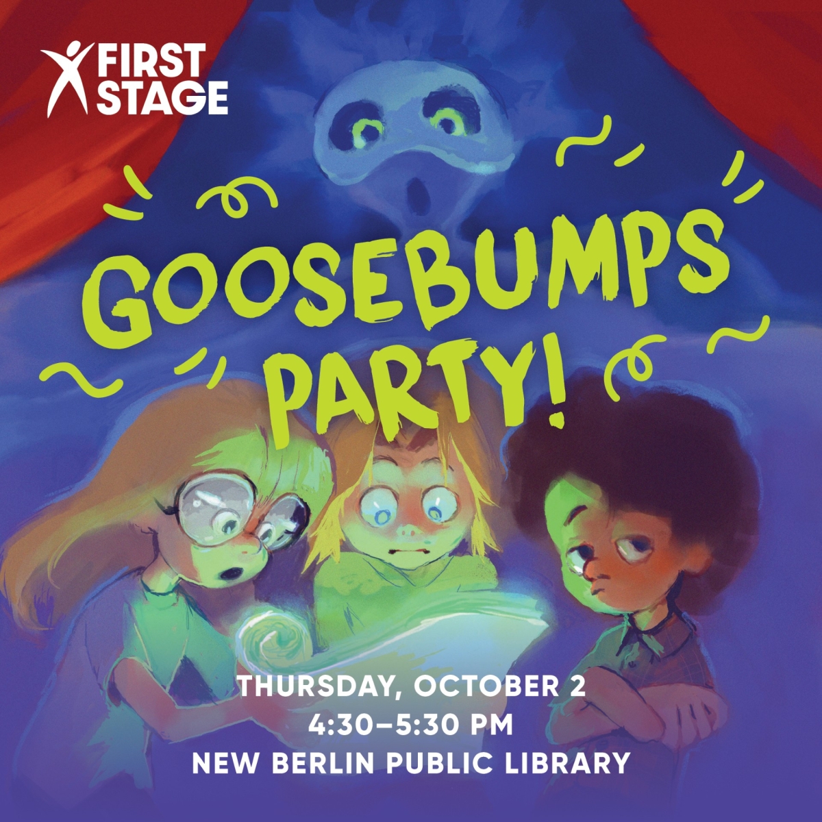 Graphic with three children reading a spooky story with the text "Goosebumps Party!"