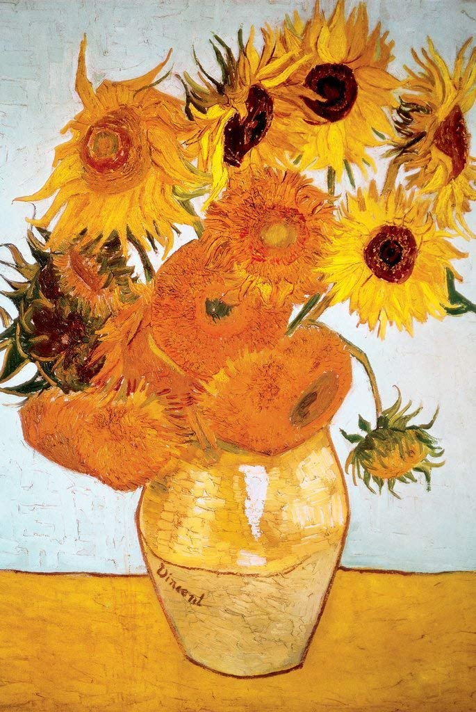 Vincent van Gogh painting of yellow and orange flowers in a vase.