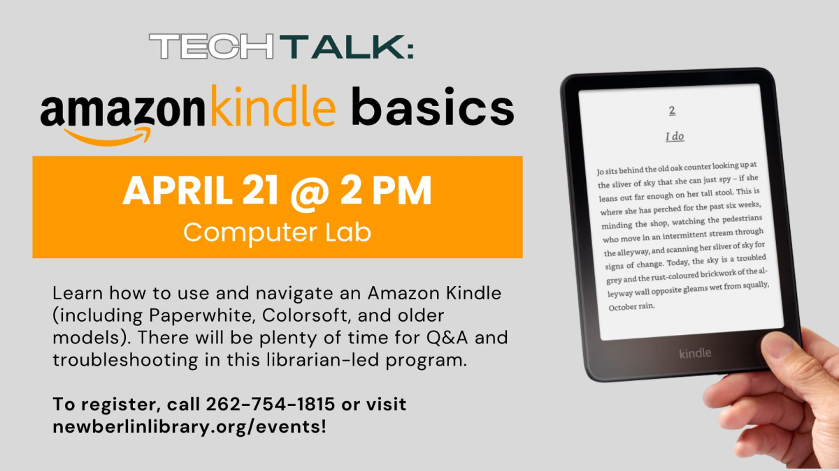 Tech Talk: Amazon Kindle Basics on April 21 at 2 PM