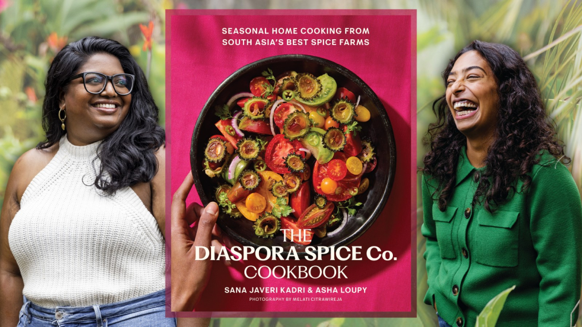 Two authors on either side of cookbook cover