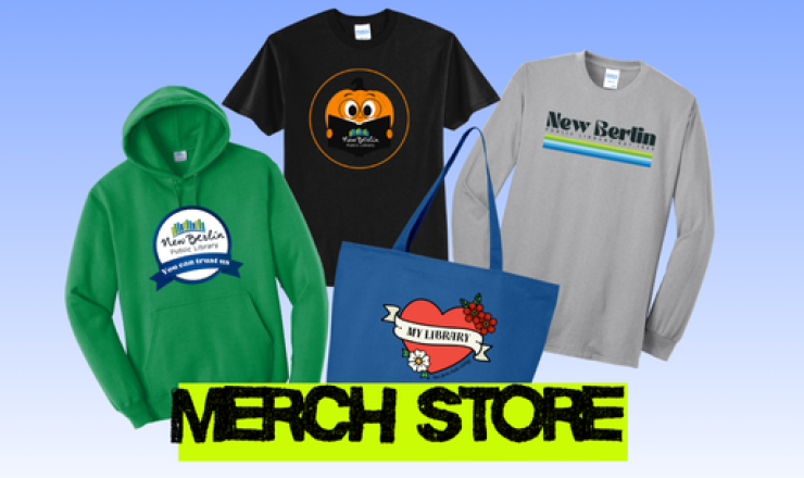 Merch store image featuring sweatshirt, t-shirt, long sleeved shirt, and tote bag