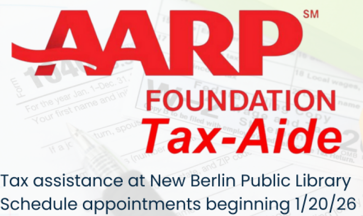 text reads "AARP Foundation Tax-Aide", "tax assistance at New Berlin Public Library", "schedule appointments beginning 1/20/26"